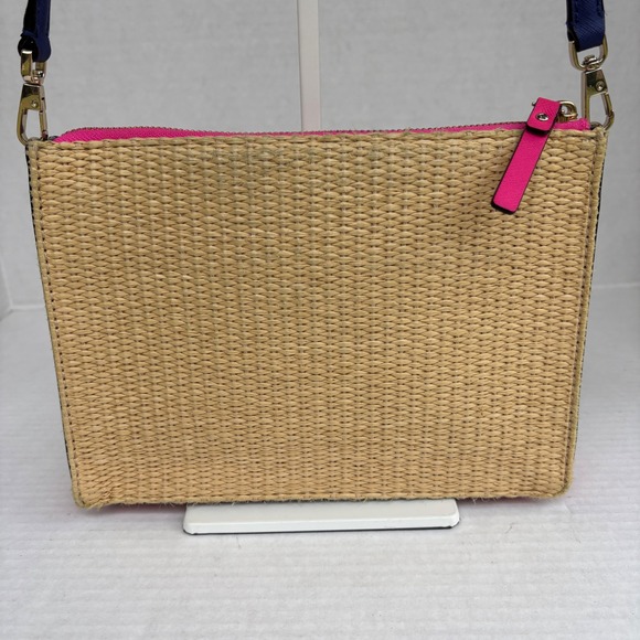Kate Spade Pink Straw Crossbody Bag Saffiano Leather Woven Summer Purse - Picture 4 of 13